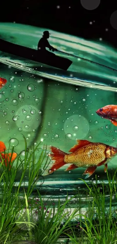 Surreal fish in bowl with grass and boat