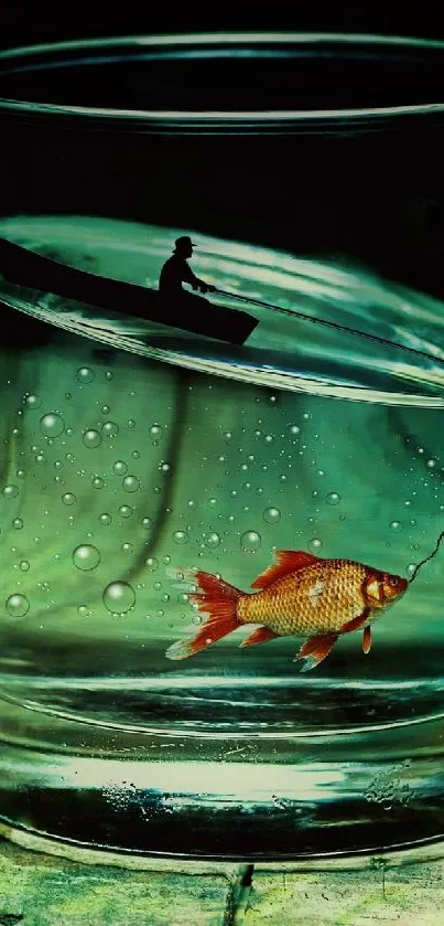 Surreal wallpaper of a fish in a glass with hand and boat.