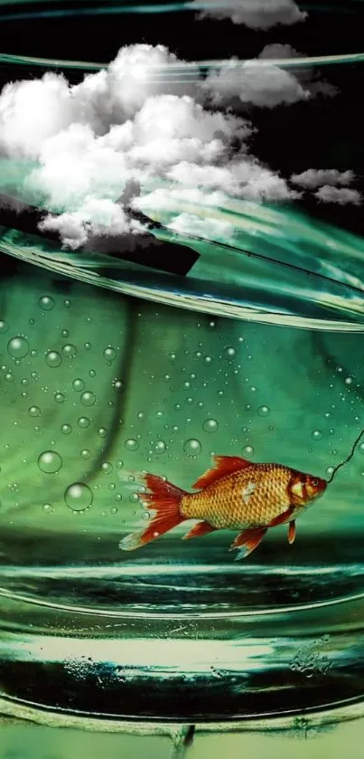 Surreal wallpaper with goldfish in glass.