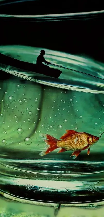 A surreal wallpaper of a goldfish in a glass with a fishing boat above.