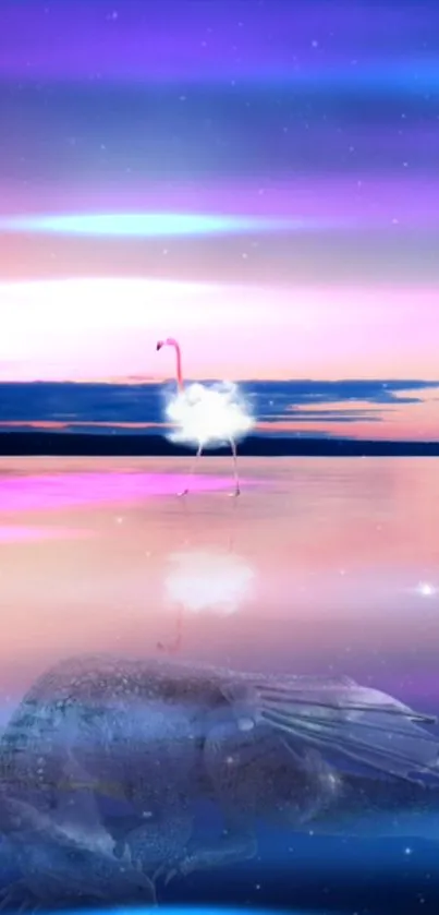 Surreal wallpaper with flamingo and dragon under twilight sky.