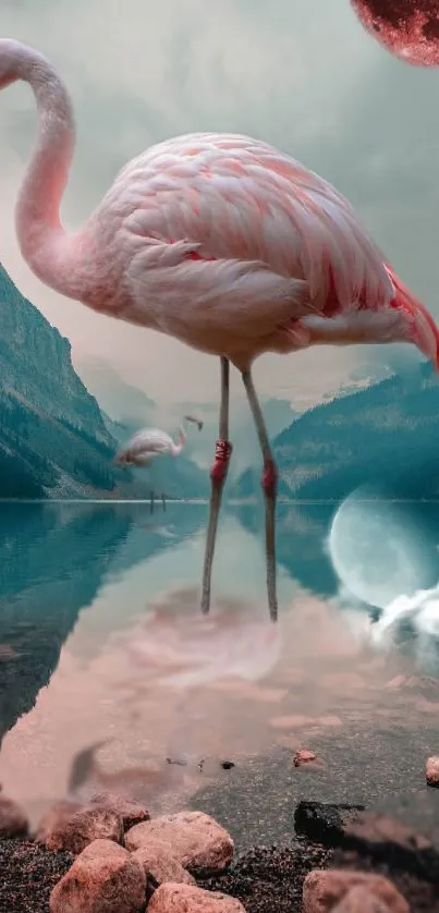 Surreal pink flamingo standing in a mystical lake with celestial elements.