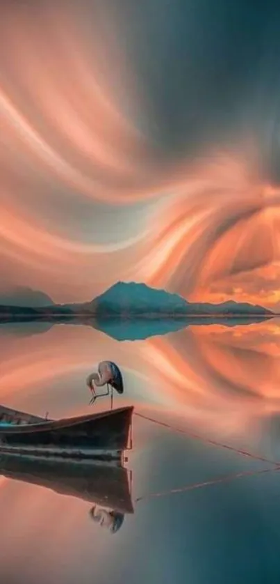 A surreal lake view with a flamingo and vibrant sky reflection.