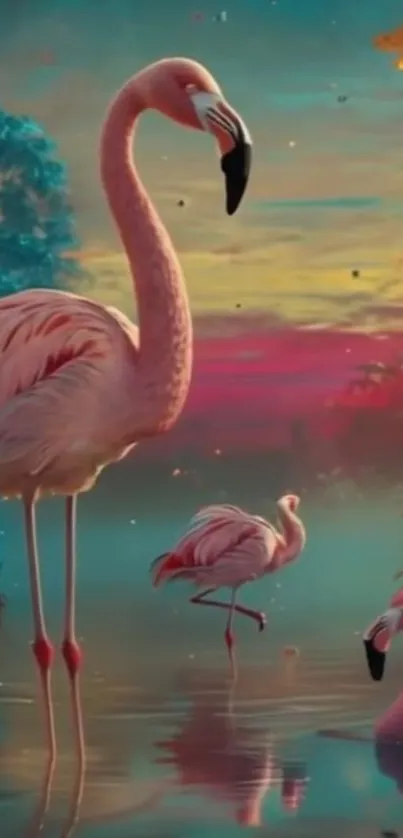 Surreal art of flamingos in a vibrant, colorful landscape.