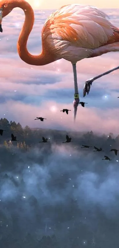 Surreal flamingo gliding above clouds with birds in a pastel sky.