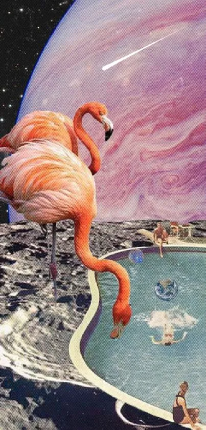 Surreal scene with flamingos by a pool on a cosmic landscape.