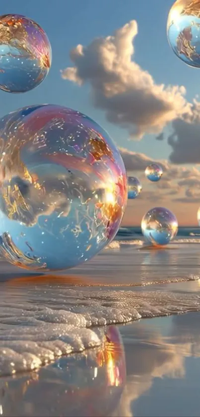 Surreal floating bubbles over ocean with reflections.