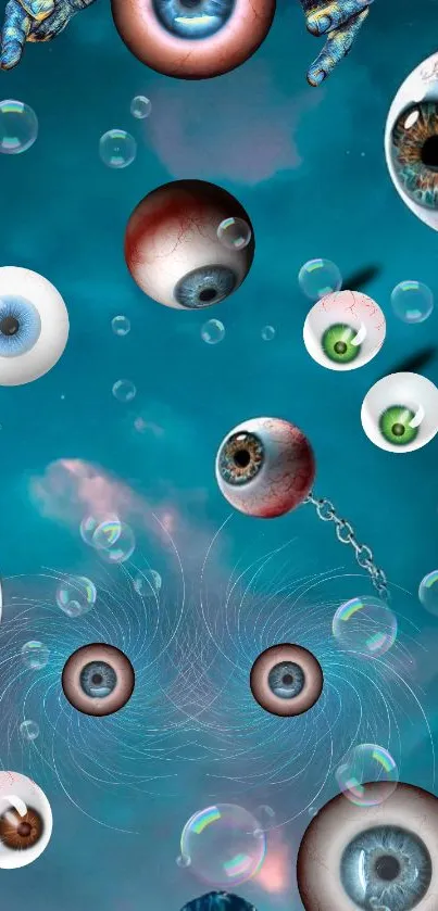 Surreal wallpaper with floating eyes and bubbles on a teal sky background.