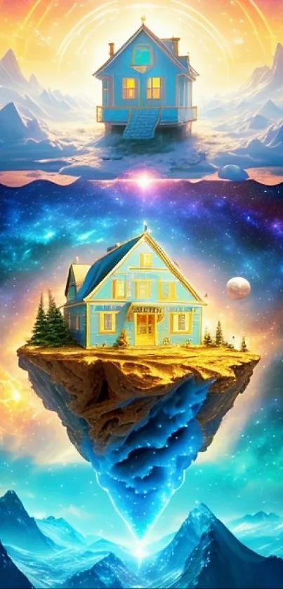 Surreal floating house in a vibrant fantasy landscape with ethereal skies.