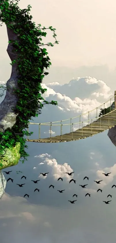 Floating island bridge with birds and clouds in surreal landscape wallpaper.