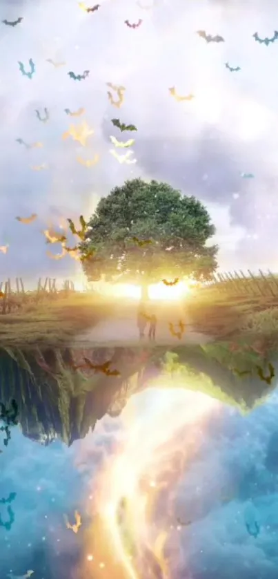 Surreal art of a floating island with a tree and colorful elements.