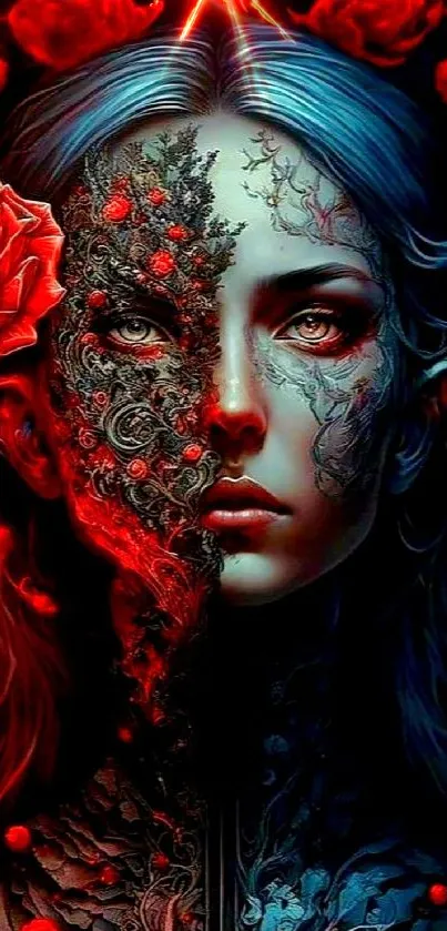 Surreal female face with red roses and intricate floral designs on a mobile wallpaper.