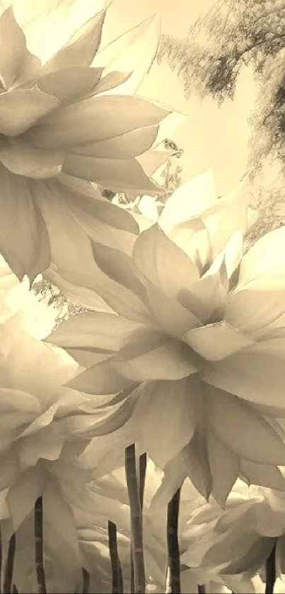 Sepia-toned surreal flowers create a dreamy, artistic mobile wallpaper.