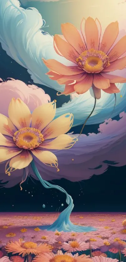 Surreal floral artwork with vibrant flowers and clouds.