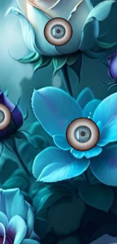 Surreal blue flowers with eyes wallpaper art.