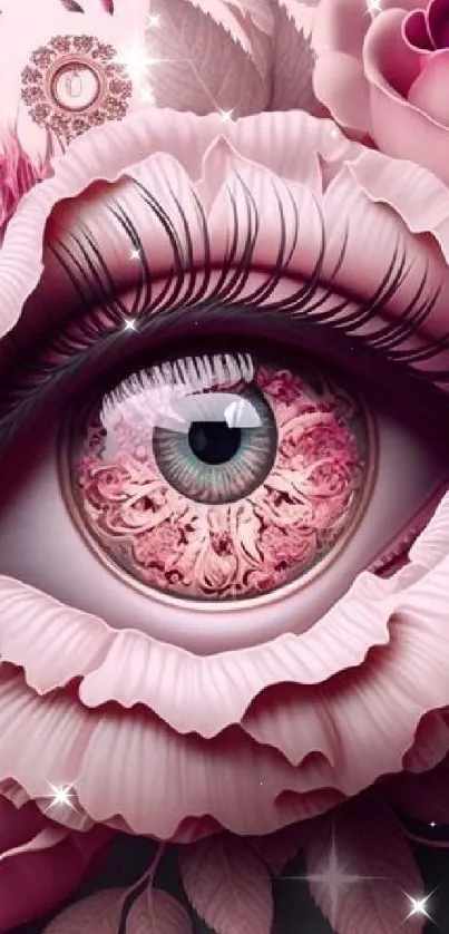 Artistic pink eye with floral elements in a surreal design.