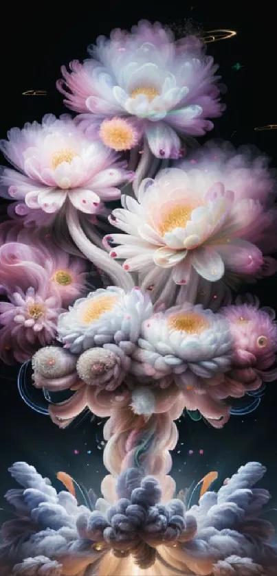 Surreal artwork of blooming flowers against dark background.