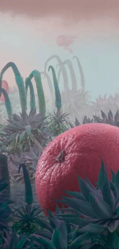 Surreal landscape with large orange fruit amidst mystical plants.