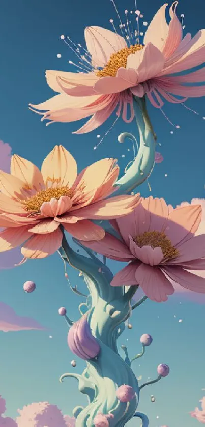 Surreal pink flowers against a blue sky, creating a dreamy mobile wallpaper scene.