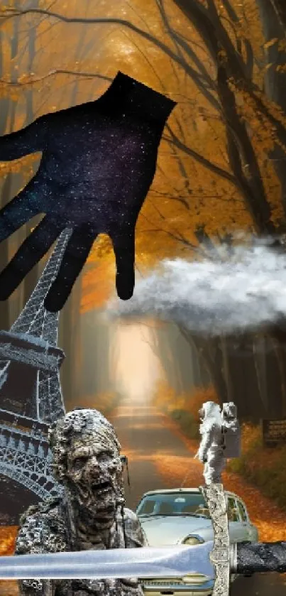 Surreal wallpaper with orange forest, Eiffel Tower, cosmic hand, and fantasy elements.