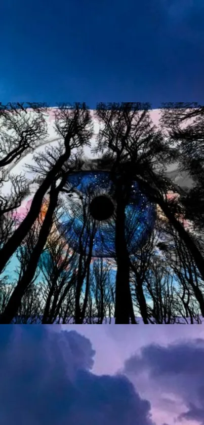 Surreal forest scene with cosmic eye, set in a midnight blue sky.