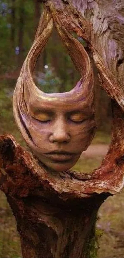 Surreal face in a wooden sculpture within a mystical forest setting.