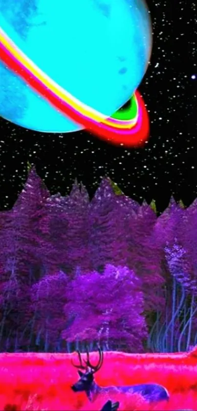 Surreal forest with vibrant galaxy view.
