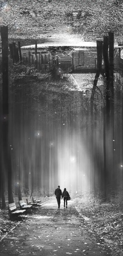 Surreal black and white forest path with two figures walking.