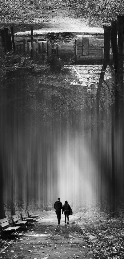 Surreal black and white forest pathway with benches and blurred background.