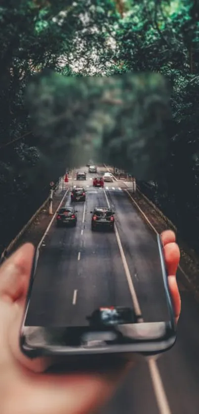 Surreal image of forest road seen through a mobile phone screen.