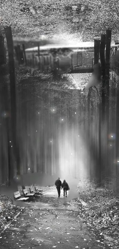 Surreal black and white forest path with a walking couple in a dreamlike scene.