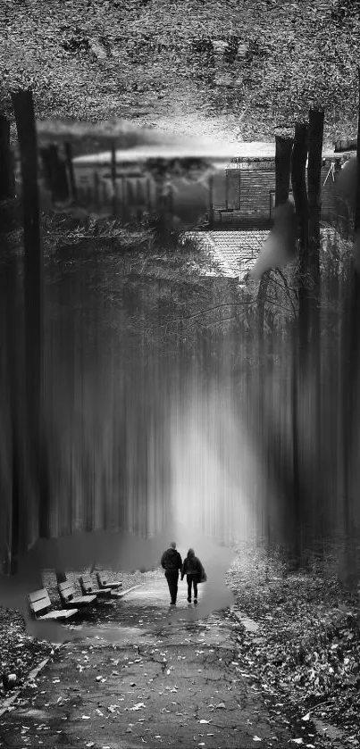 Surreal black and white forest pathway wallpaper.