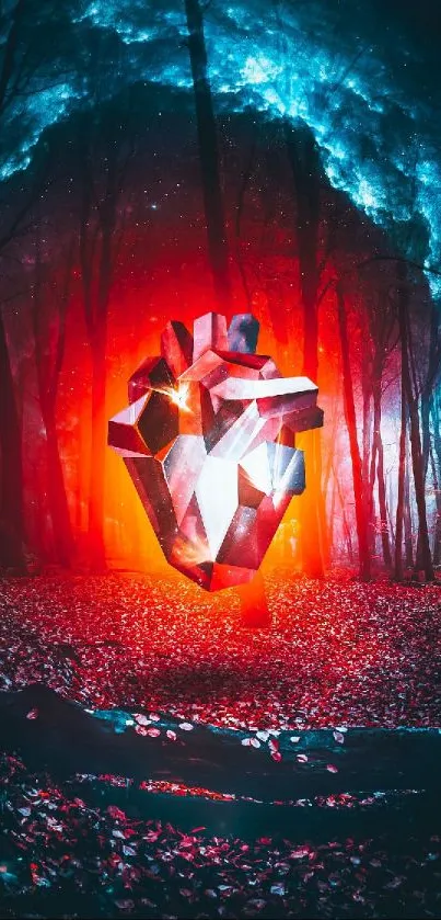 Floating neon heart in a vibrant forest.