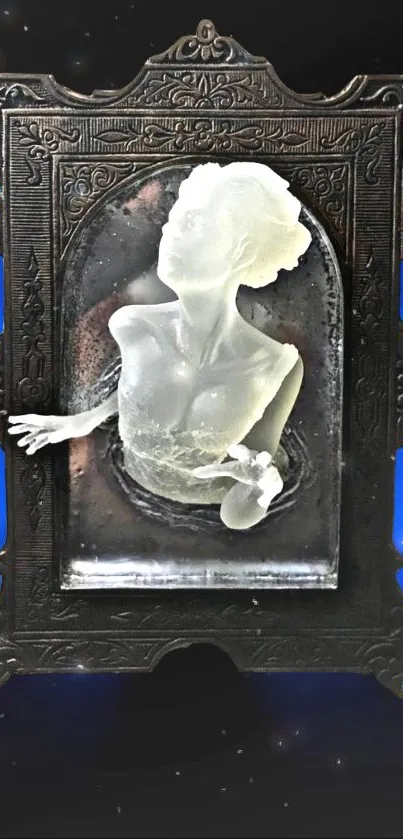 Surreal sculpture emerges from ornate frame with cosmic blue background.