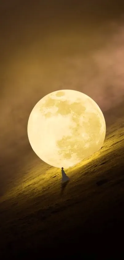 A surreal image of a glowing full moon on a misty hillside, exuding mystery.