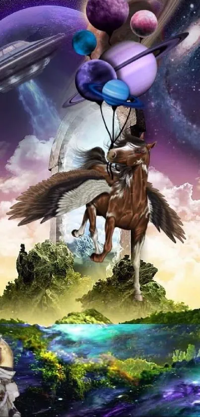 A surreal wallpaper depicting a flying horse with planets, spaceship, and astronaut.