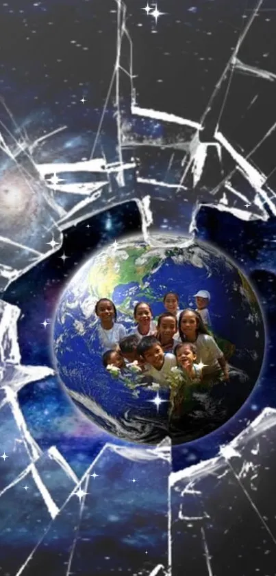 Surreal art of Earth with children in a shattered cosmic galaxy background.