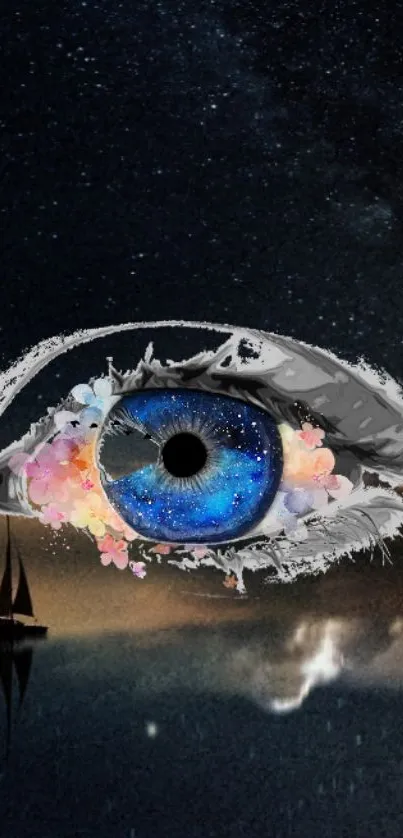 Surreal eye with galaxy theme and floral elements on a night sky background.