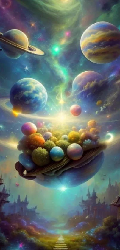 Surreal fantasy wallpaper with colorful planets and mystical landscapes.