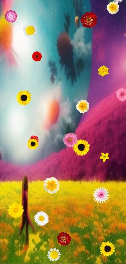 Surreal field with cosmic sky and vibrant flowers.