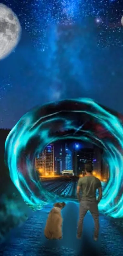 Surreal mobile wallpaper with galaxy portal and urban skyline.