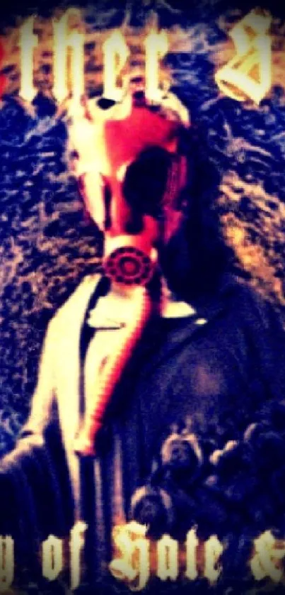 Surreal artwork of figure in red gas mask with dark background.