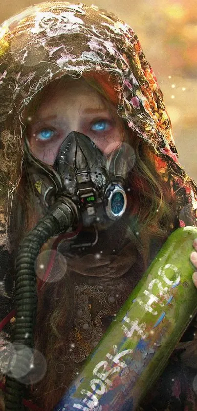 Surreal art of a child in a gas mask with earthy backgrounds.