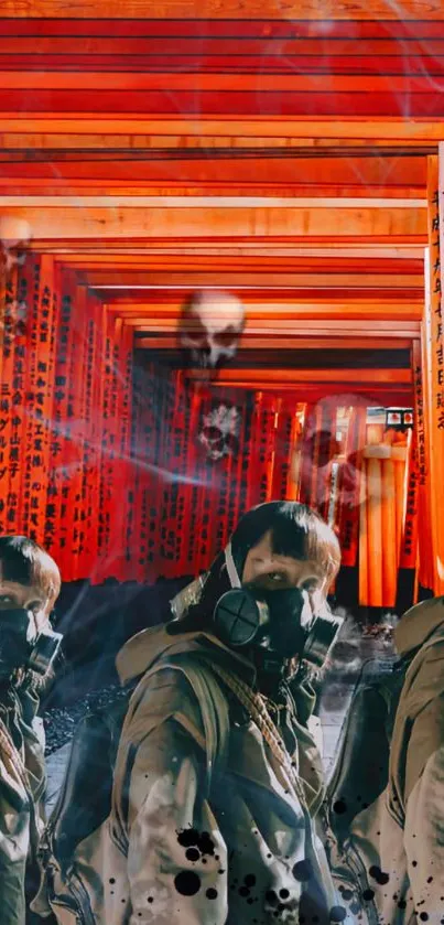 Surreal corridor with gas masks and vivid orange hues.