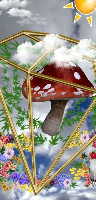 Surreal geometric art with a mushroom and flowers.