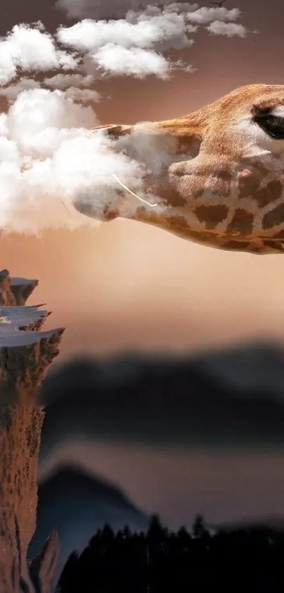 A surreal giraffe interacting with clouds on a cliff.