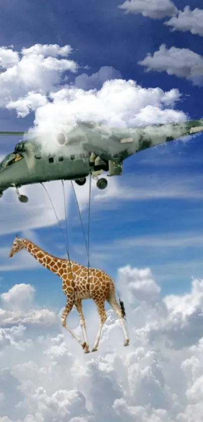 Surreal art of giraffe hanging under a helicopter in a cloudy sky.