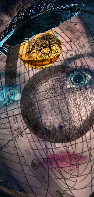 Surreal art wallpaper with a woman's face and map overlay.