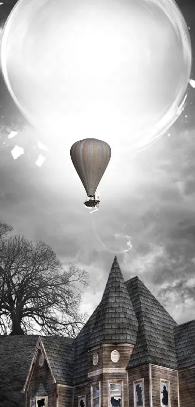 Gothic house with hot air balloon under a bright, surreal sky.