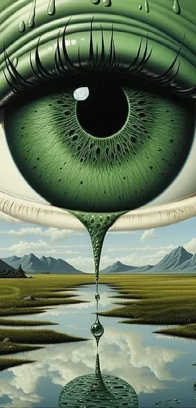 Surreal wallpaper with a giant green eye over a landscape and sky reflection.